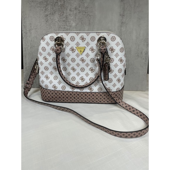 Guess Handbags - Guess Bella Vita Dome Satchel Handbag White Brown Logo Print Convertible Strap